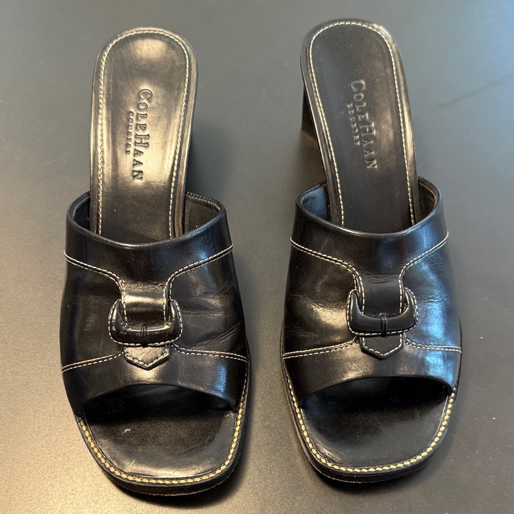 Cole Haan Black Leather Mules with Buckle Detail